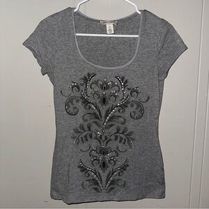 White House Black Market Gray Embellished Tee